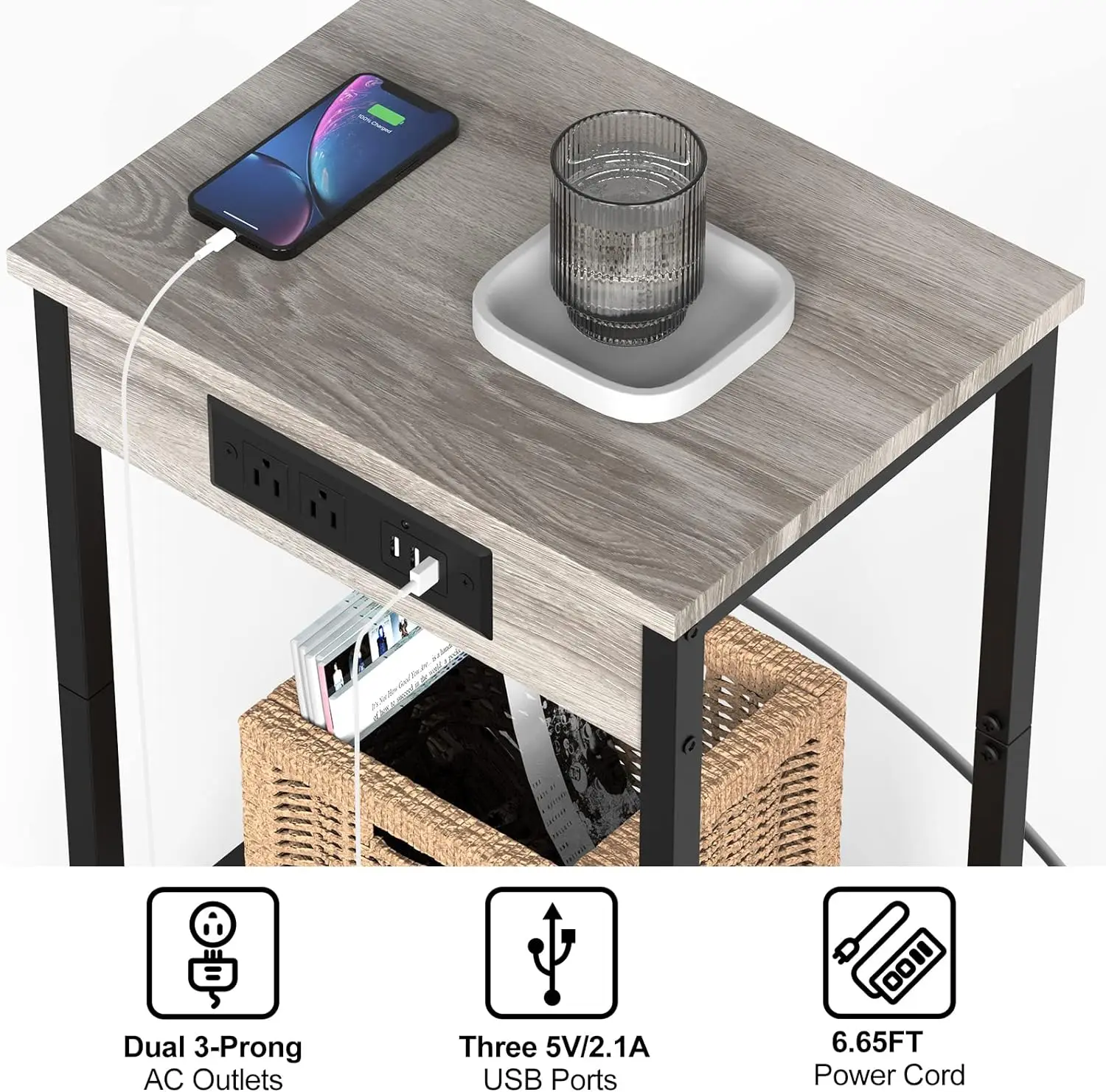 Cinza Quarto Nightstand com Estação De Carregamento, Mesa Lateral Moderna, Mesa Final, Conjunto de 2