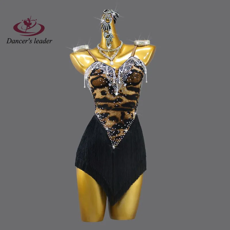 

Latin dance Dress High end Customized Leopard Fringe with Diamond Chacha Tango Female Adult Stage Professional Clothing