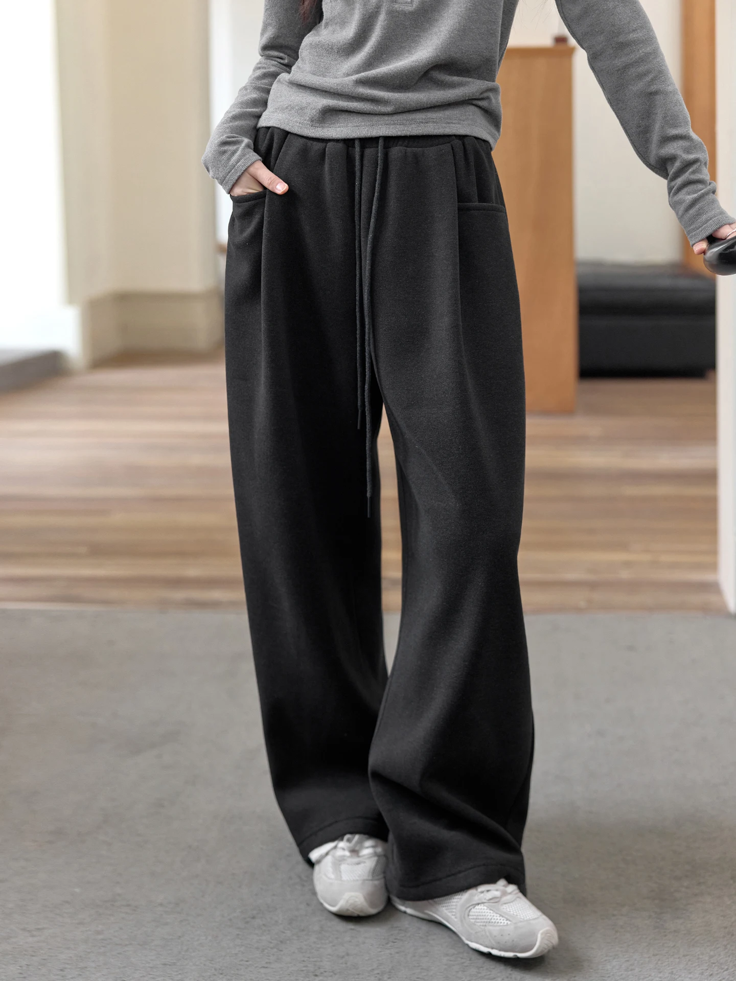 

Женские зимние повседневные брюки с высокой талией, прямым кроем, на подкладке, широкие штанины, с эластичным поясом на шнурке, стройнящие