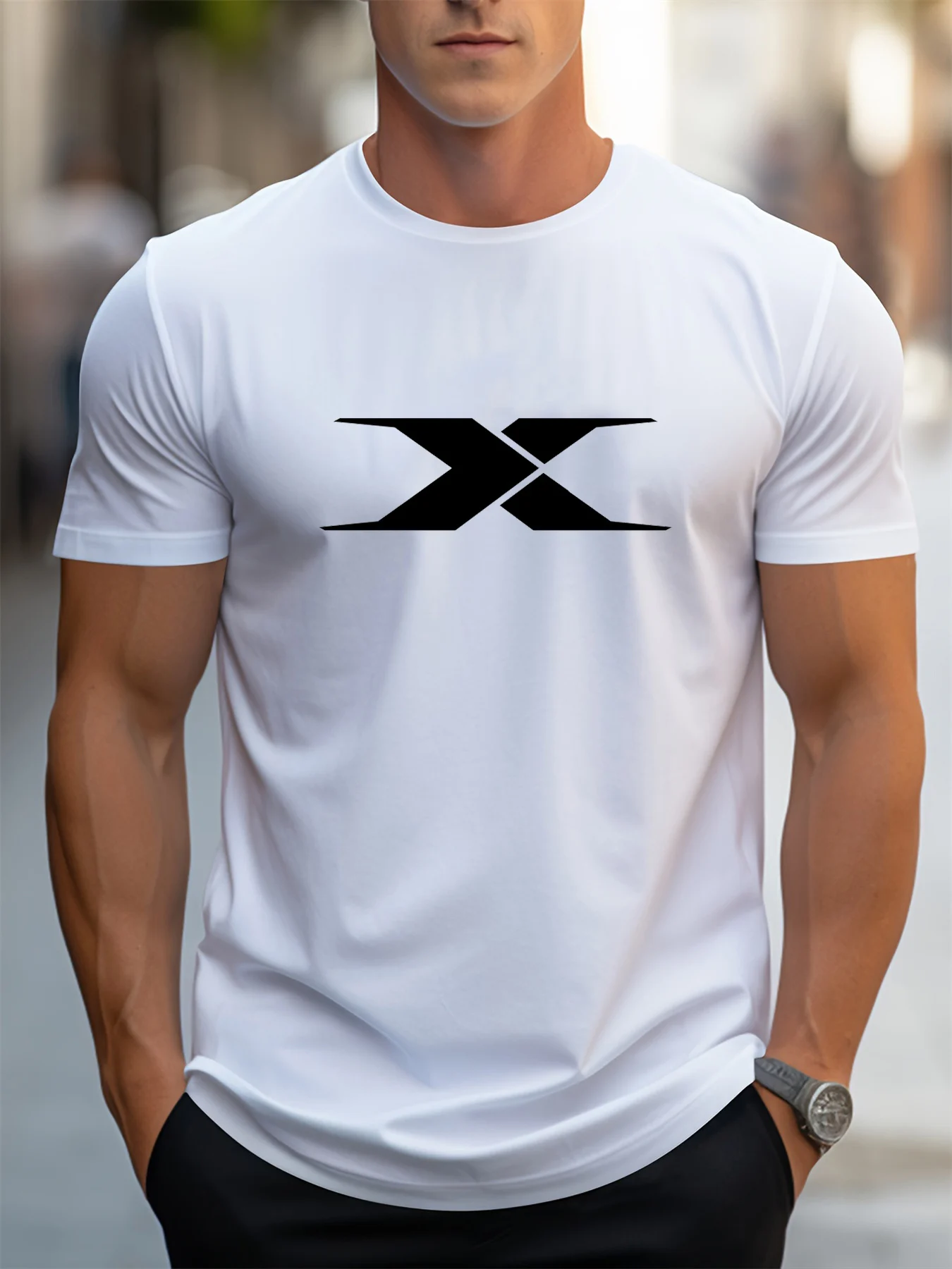 

2025 new model Men's 100% cotton summer fashion casual loose oversized creative letter X printed sports round neck short sleeved