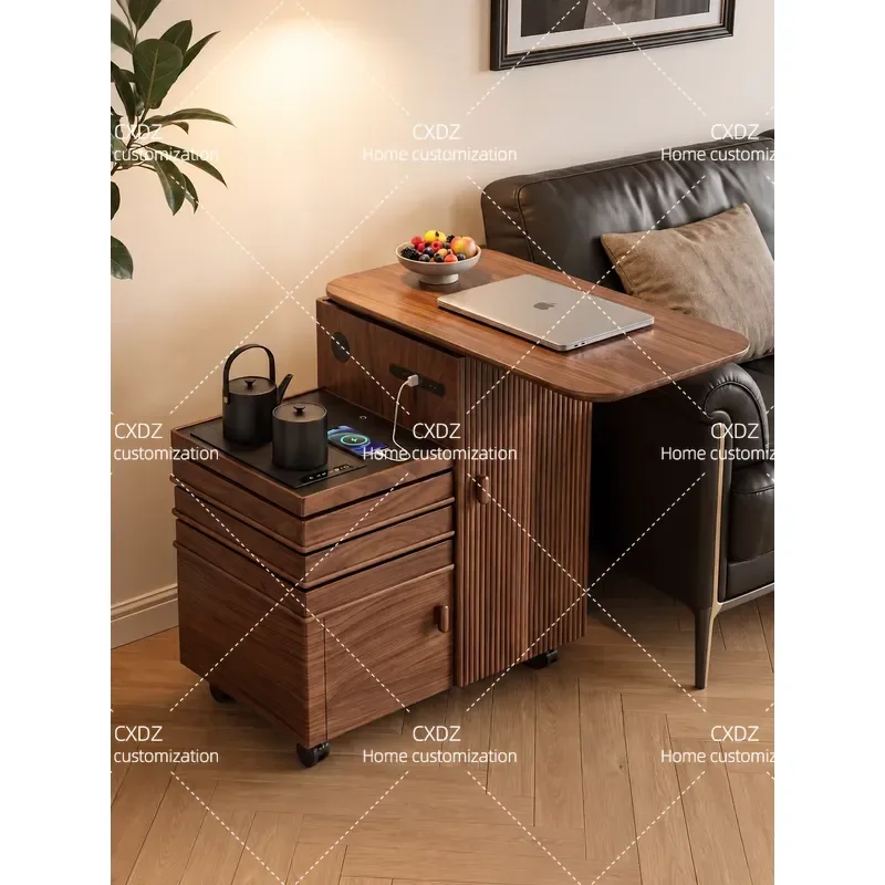 Wooden Rotating Mobile Tea Cart Solid Wood Tea Table for Small Apartment Living Room Balcony Household Furniture