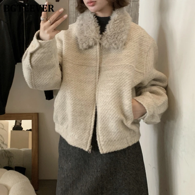 

BGTEEVER элегантные осенне-зимние женские шерстяные куртки на молнии с лацканами, повседневные теплые свободные женские теплые кардиганы с длинными рукавами, пальто