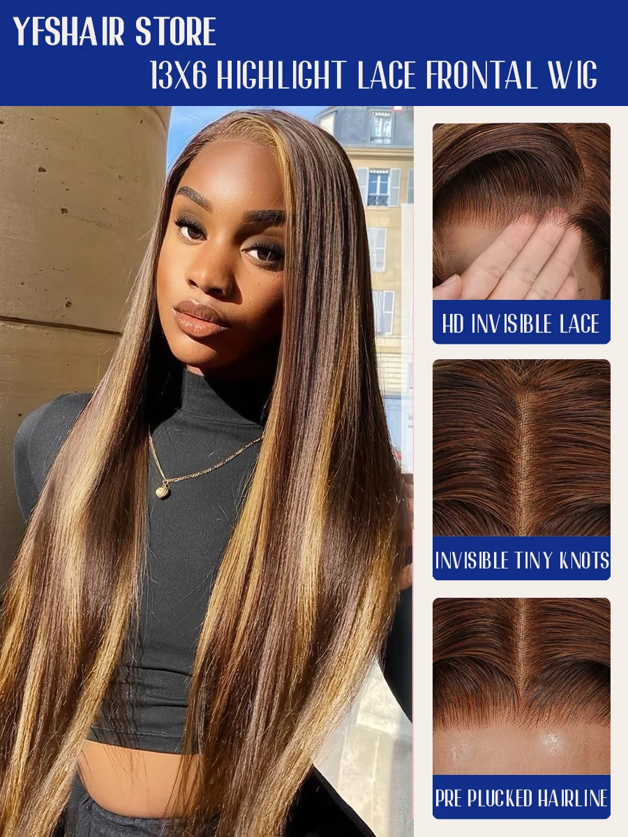 Bone Straight Human Hair Wigs Highlight Piano Color P4/27 200% High Density 40 Inches Long-length 13x6 13x4 HD Transparent Lace Frontal Wig Pre Plucked For Women Brazilian Hair