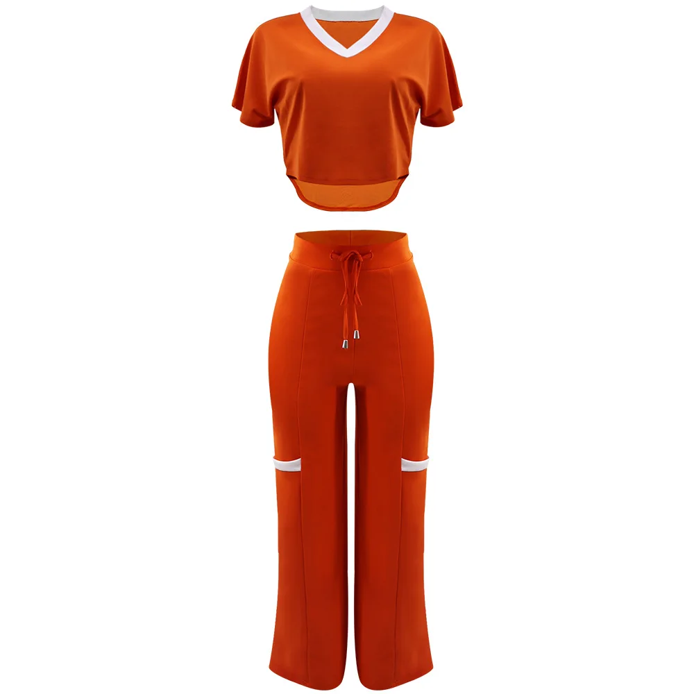 Two Piece Set Women V-neck Short Sleeve Top & DrawString Wide Leg Pants Casual Summer Elegant Matching Sets Tracksuit Outfits