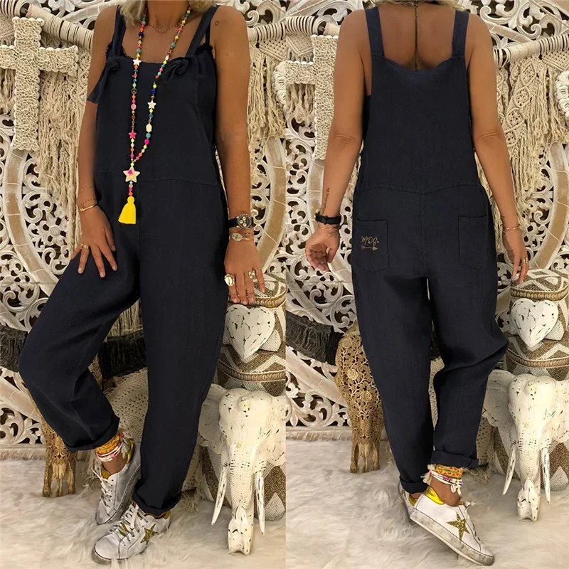 

Woman Cotton Linen Suspender Pants Solid Color Loose Bib Straight Leg Jumpsuits Vintage Baggy Overalls Trousers Pockets Playsuit