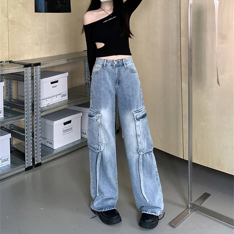 

WCFCX STUDIO Autumn Trousers Y2k Baggy Jeans for Women Wide Leg Pants Pockets High Waist Streetwear Loose Long Pant