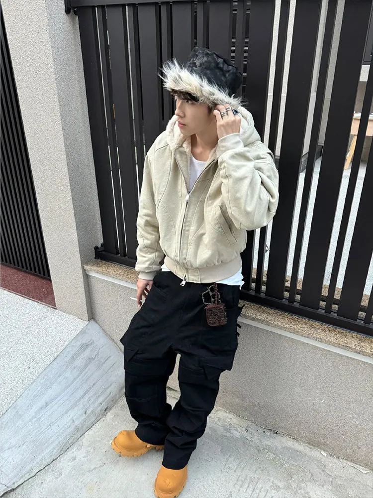 FEWQ American Style High Street Solid Color Washed Men's Plush Thick Cotton Clothing Casual Canvas Jacket 2026 Autumn New
