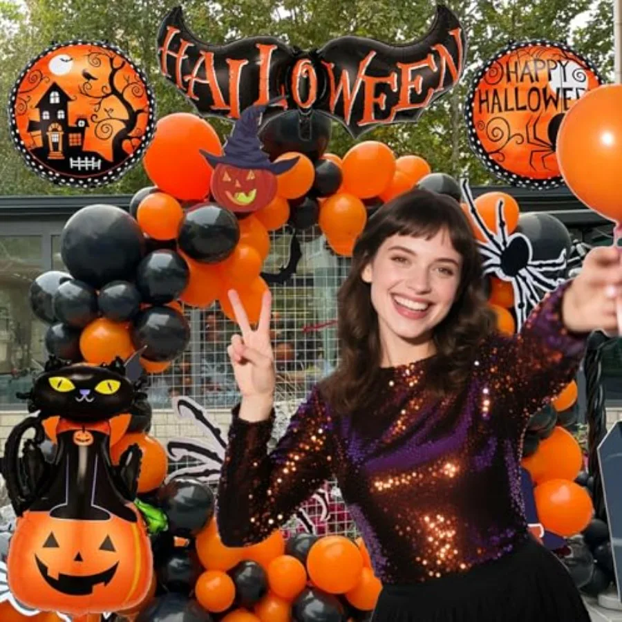 47 قطعة بالونات الهالوين السعيدة راية أسود برتقالي بالونات اللاتكس كبيرة القط اليقطين احباط بالونات لتزيين حفلات الهالوين