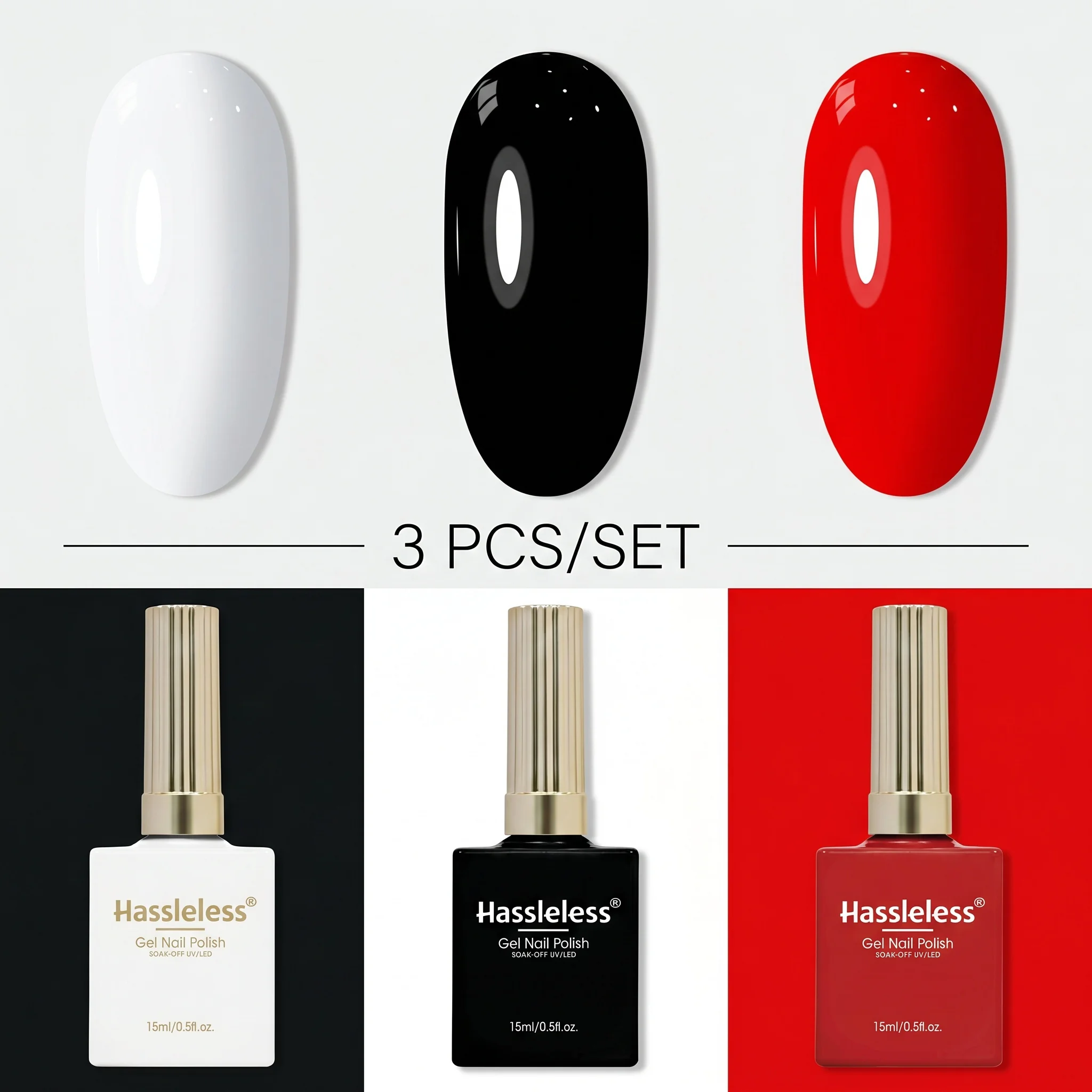 Hassleless 3-Piece Gel Nail Polish Set: Classic Red, White, and Black; Long-Lasting, LED Removable, Hypoallergenic, Alcohol-Free