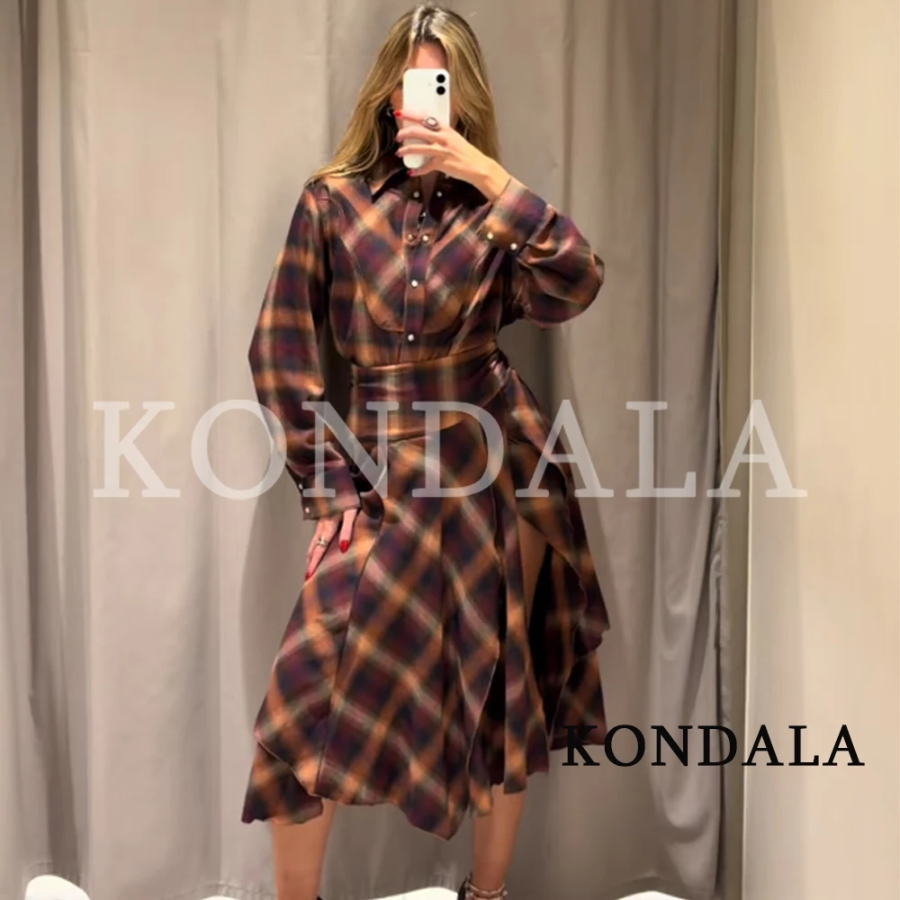 KONDALA Women Fall Casual Plaid Skirt Set Classic Elegant Buttons Shirt, Split Midi Skirt 2026 Autumn Fashion Lady Vintage Set