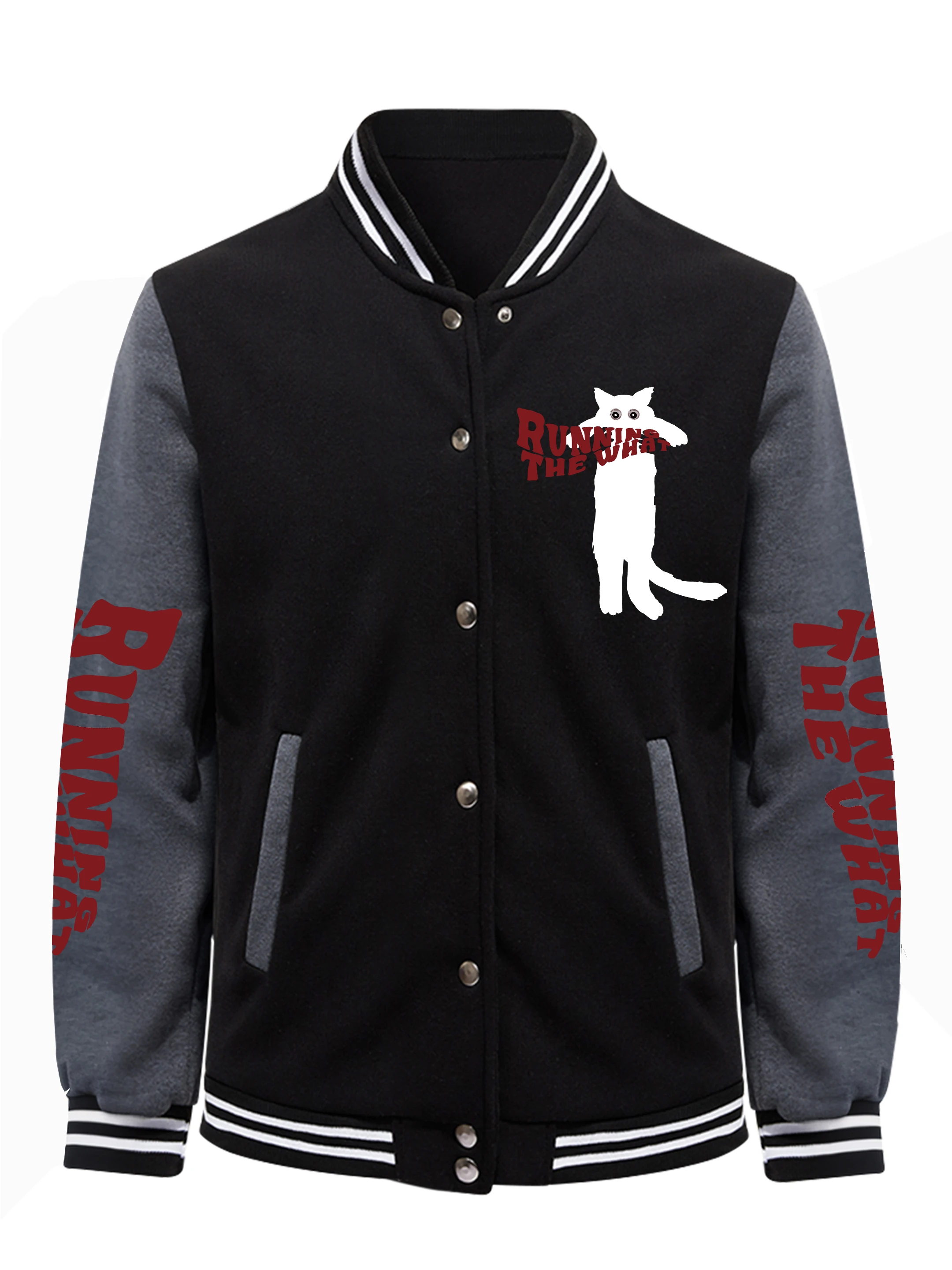 

Cat Running The What Print Men Jacket Harajuku Fleece Baseball Jersey Fashion Button Streetwear Unisex Vintage Loose Clothing
