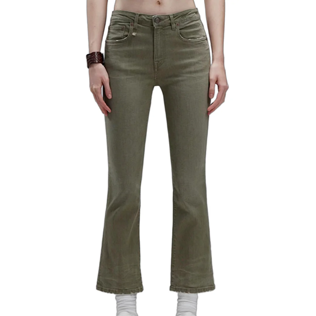 Maxdutti Summer American Jeans Women's Denim Pants Retro Low Waisted Olive Green Wrinkled Micro flared Cropped Jeans Women