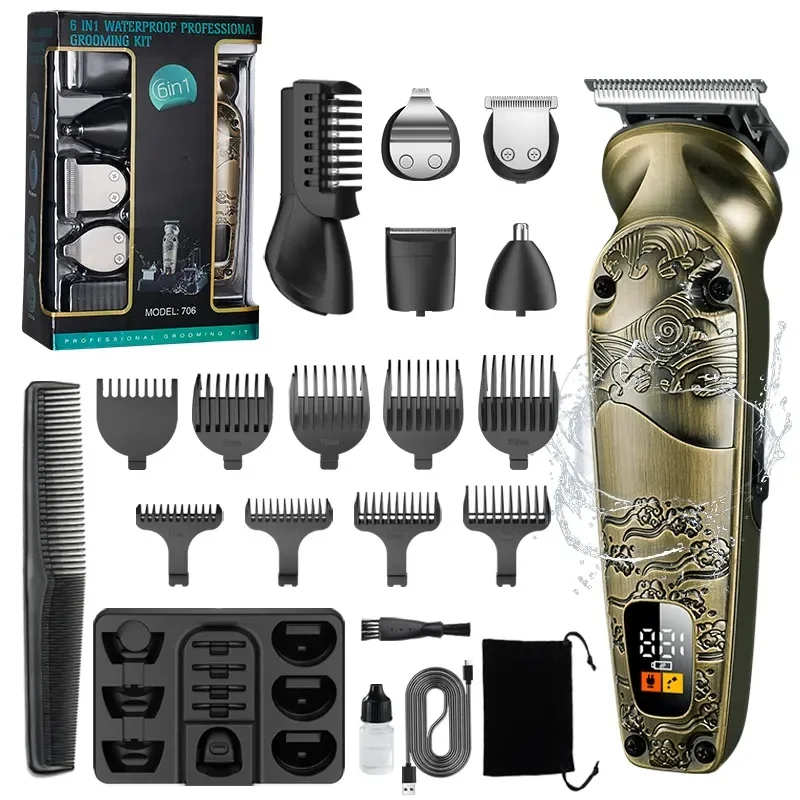 

Resuxi 706 IPX6 Waterproof Hair Trimmer Set 1200mAh Battery Men Rechargeable Cordless 6 In 1 Beard Grooming Hair Clipper