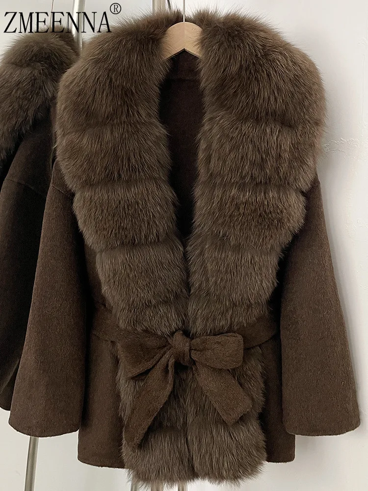 

ZMEENNA Warm Brown Wool Blend Coat For Women With Faux Fur Collar Belt Stylish And Luxurious Winter Outerwear ZM4097