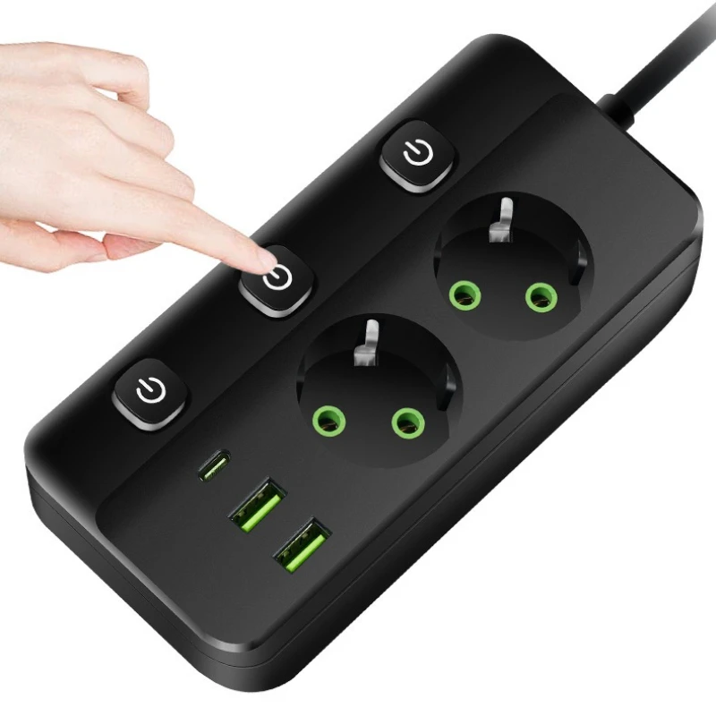 EU Plug Power Strip 2/3/4/5 Position Independent Control Socket with 2 USB 1 Type-C Ports 2m Extension Cord Electrical Sockets