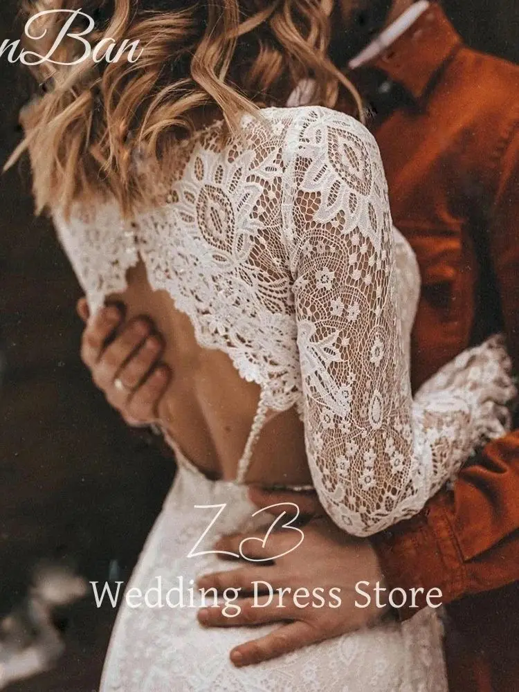 ZanBan Customized Long Sleeves Floral Lace V Neck Boho Wedding Dress Deep V Neck Open Back Modest Rustic Civil Bridal Gown 2025