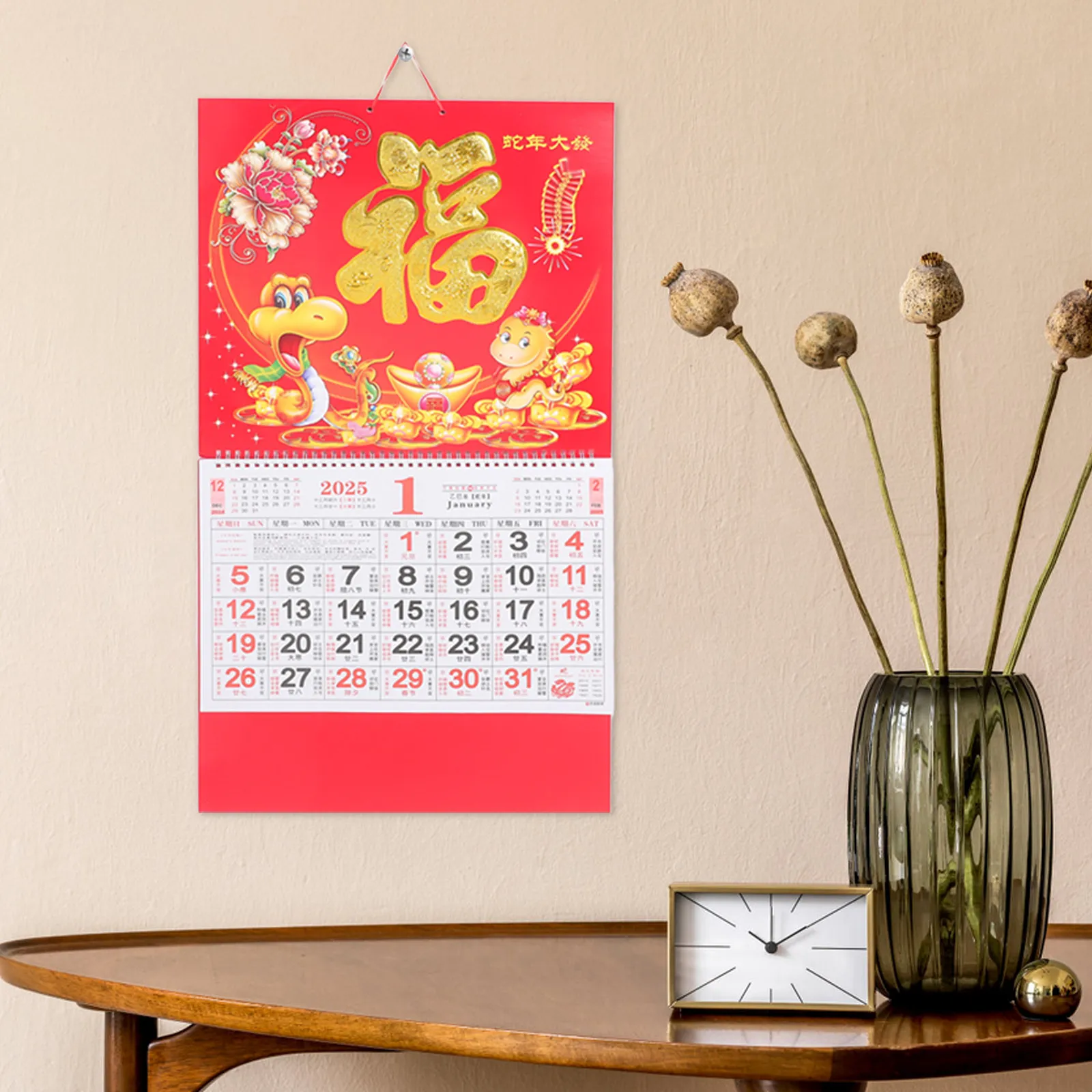 

2025 Chinese Lunar Wall Calendar Year of The Snake Hanging Calendar with International Holidays Lunar Date Reference Festive