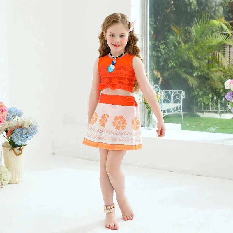 3Pcs/Set New Arrive Girls Princess Moana Swimsuit Children's Vintage Print Holiday Beach Party Swimwear Baby Bikini Swimsuits