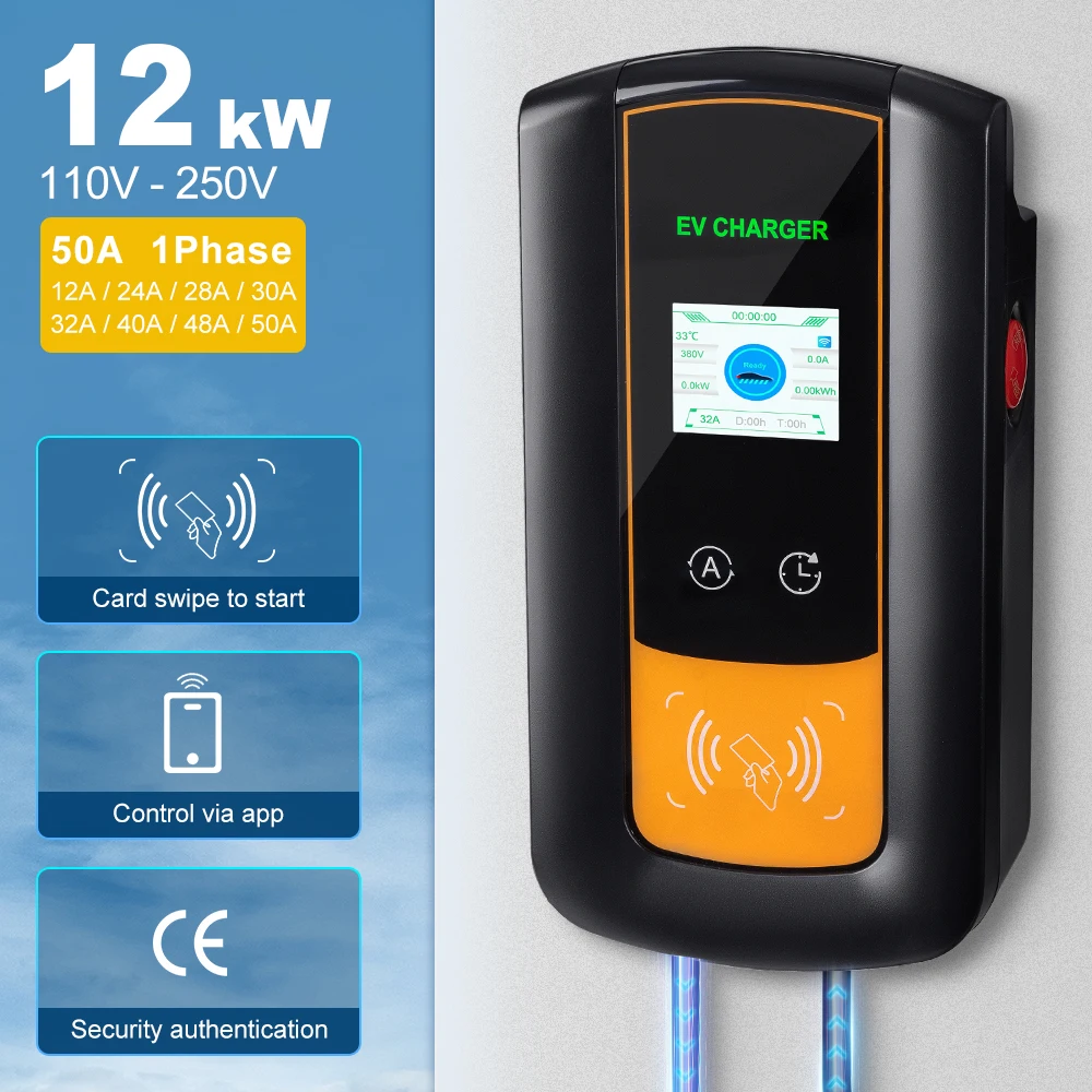 12Kw Type1 EV Charger Station 50A Car Electrical Devices OLED Display Current SAEJ1772 Waterproof EVSE Charging 5M Cable