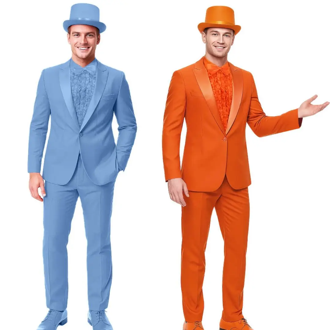 

Harry Lloyd Dunne Cosplay Costume Dumb and Dumber Blue Orange Tuxedo Suit with Hat Men's Halloween Theme Party Uniform Takerlama