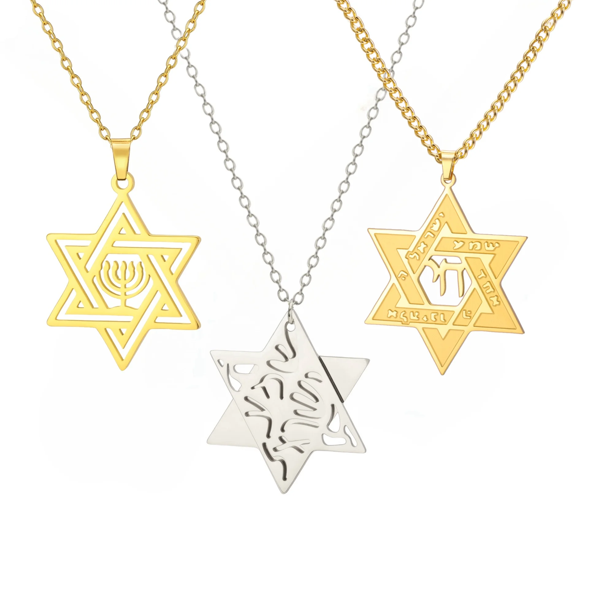 Jeshayuan Hebrew Chai Jewish Menorah Hanukkah Necklace for Women Star of David Stainless Steel Necklaces Amulet Jewelry Gift