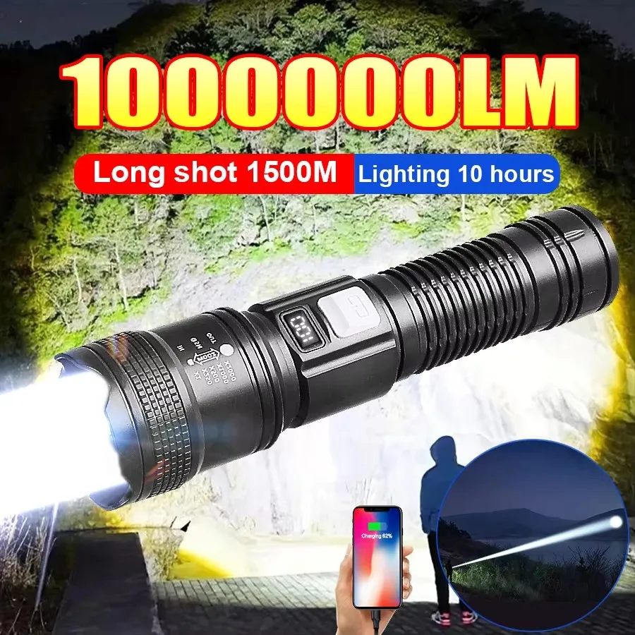 High Strong Power Led Flashlights 300000LM Tactical Torch with Display Light USB Charging Camping Fishing Defensa Zoom Lantern