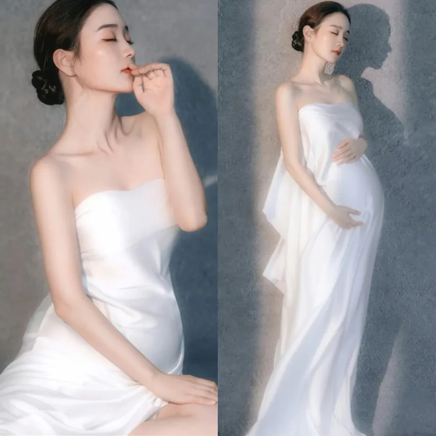 Fashion Satin Maternity Photography Clothing Dress Photo Studio Atmospheric White Pregnant Baby Shower Shoot Props Accessorie