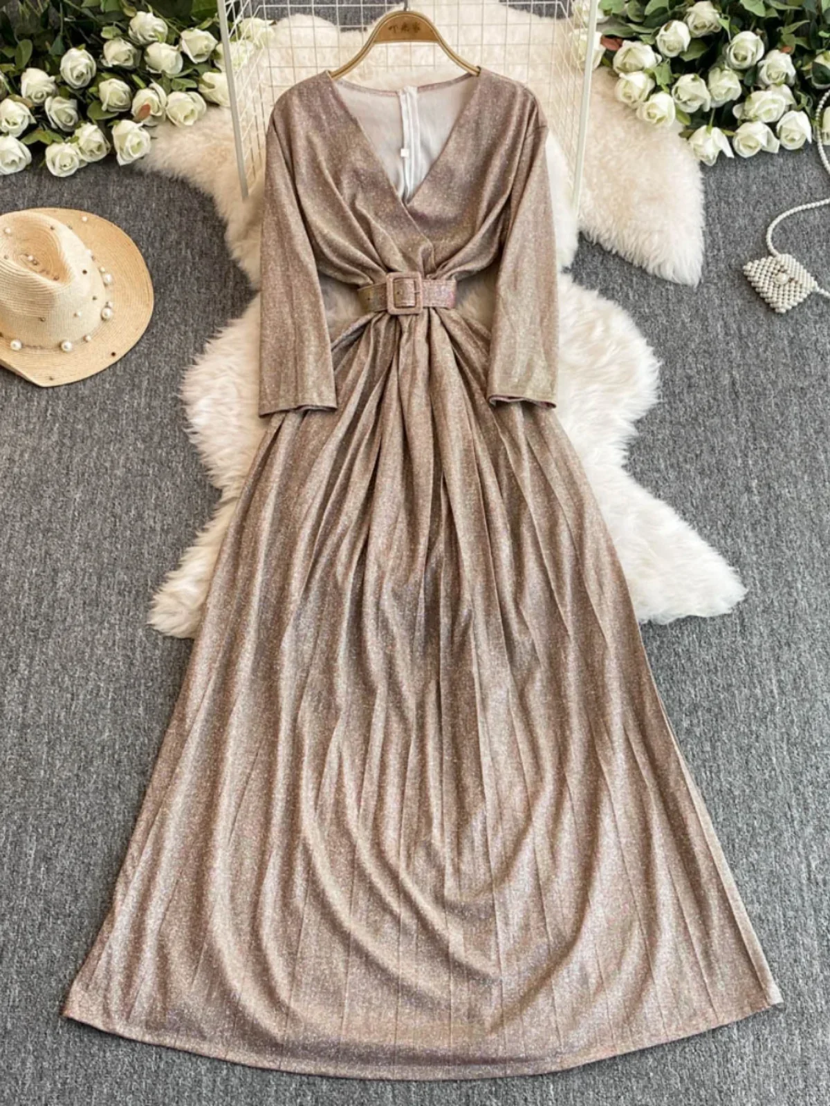 Foamlina Vintage Long Sleeve Evening Dress for Women Banquet V-neck Waist Show Thin Silk Big Swing Party Dresses autumn image 2