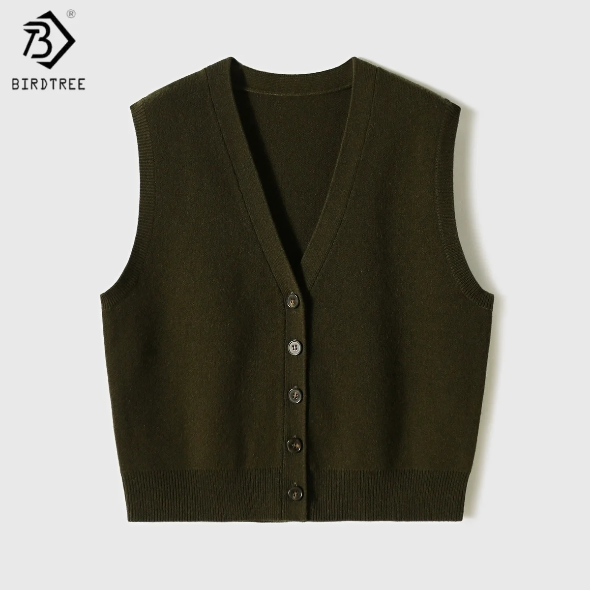 

Birdtree,90% Sheep Wool 10% Cashmere Knitted Vest,Woman Solid V-neck Single Breasted Sweater,Autumn Soft Loose WaistcoatT5O632JF