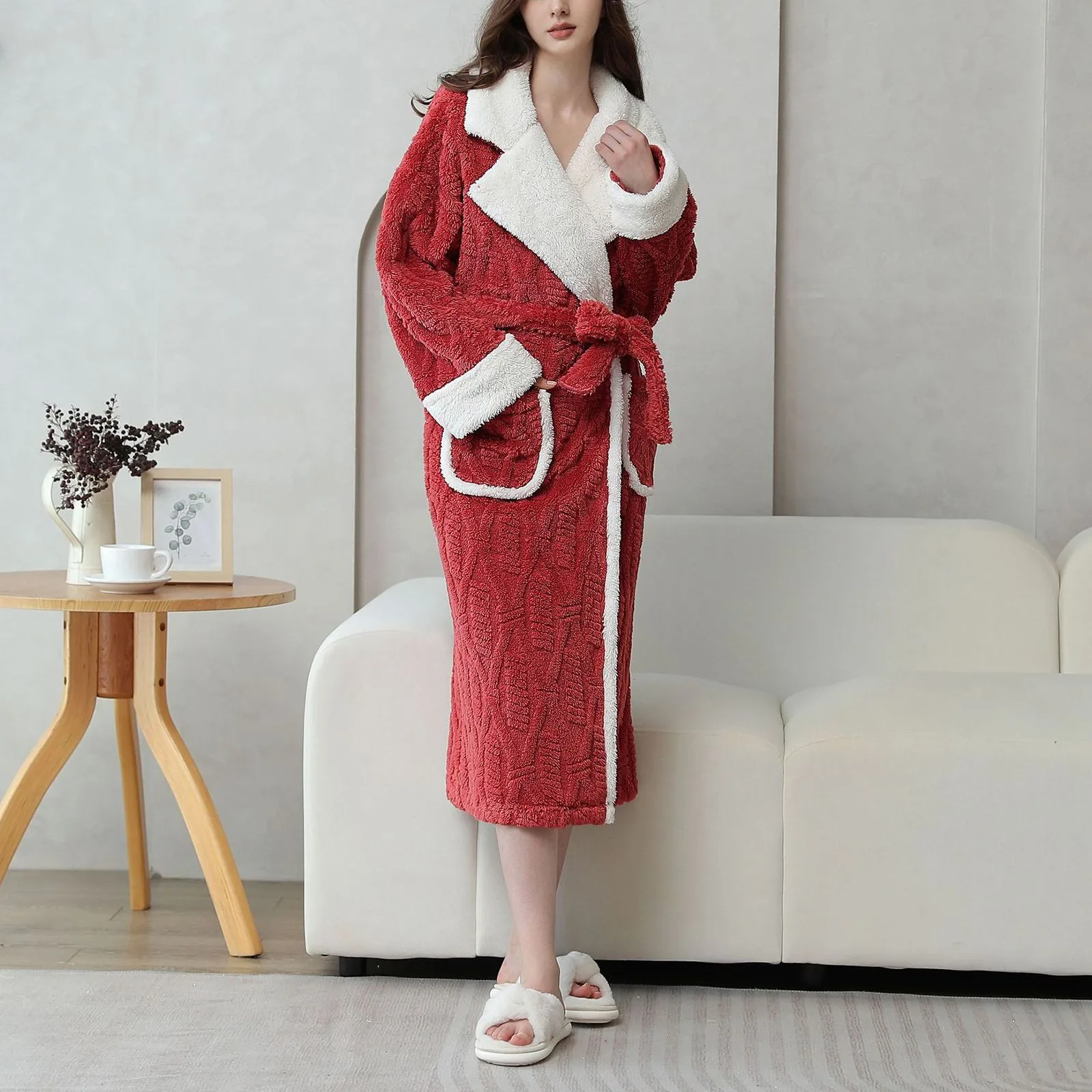 Winter Fashion Women Bathrobe Solid Color Thicken Plush Long Sleeve Lapel Bathrobe Sleepwear Warm Nightgown For Women