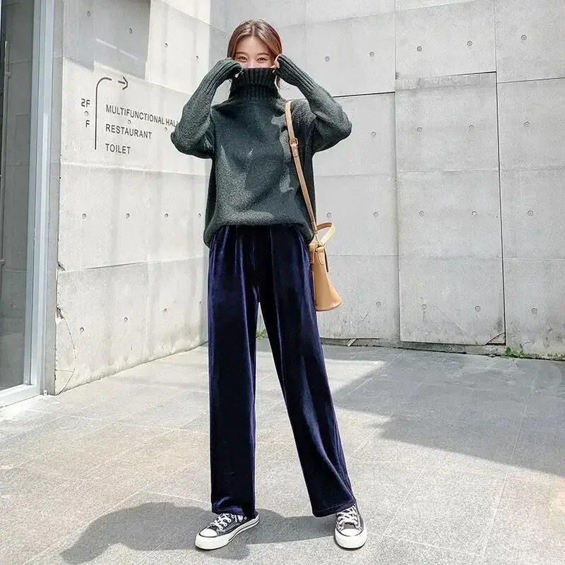 2024 Winter Velvet Trousers,Korean Fashion Women Autunm High Waist Streewear Casual Velour Pants Black Spodnie Damskie