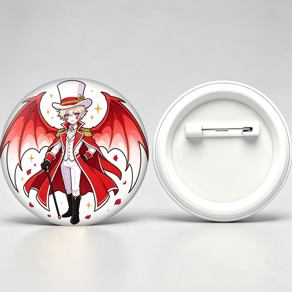 Red Wing Demon Gentleman Round Tin Badge, Anime Character Button Pin Brooch for Backpack Jacket Decor Gift