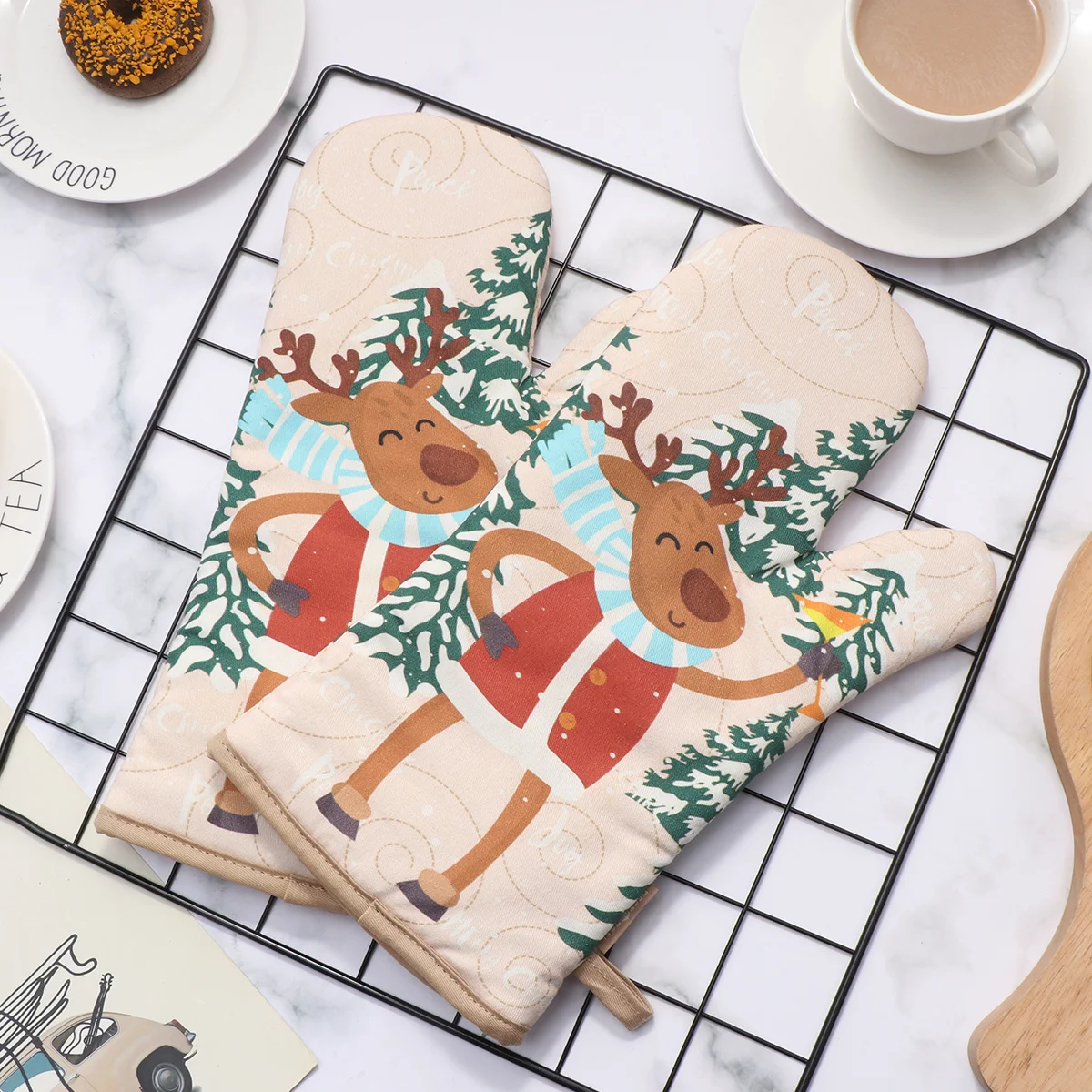 

1Set Heat Resistant Oven Mitt Set Non Slip Pot Holder Washable Cotton Kitchen Accessories for Baking Cooking Barbecue