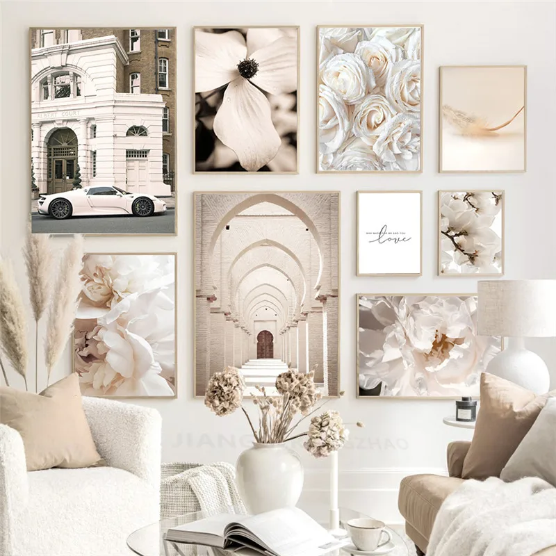 الشمال ديكور المنزل الرسم على لوحات القماش الجدارية البيج زهرة بوهيميا ديكور صورة ملصق فني حديث وطباعة لغرفة المعيشة Des #1