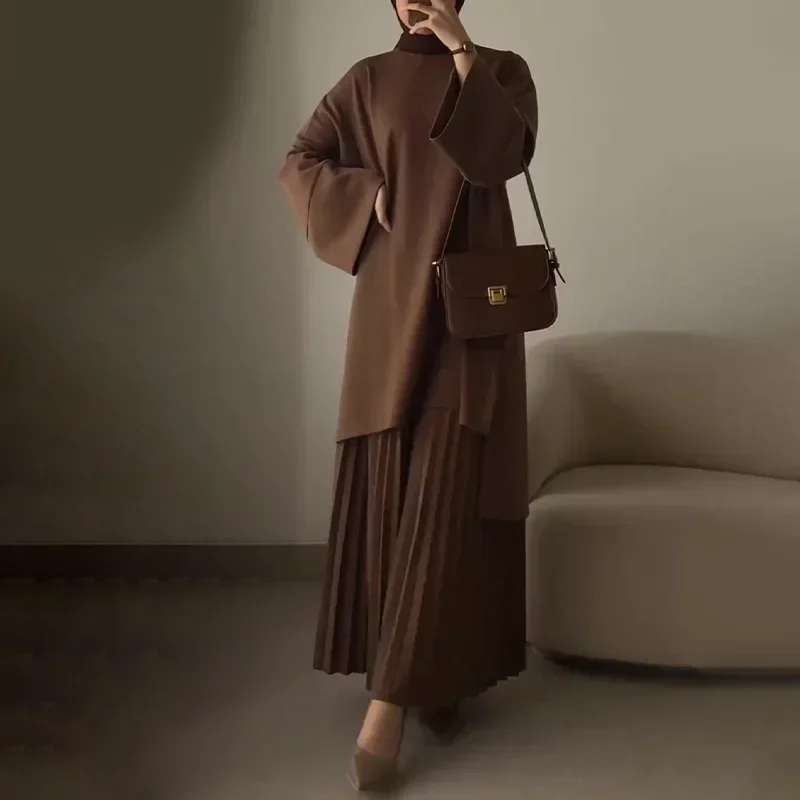 Autumn Women\'s Casual Skirt Set Camel Solid O-neck Flare Sleeves Loose Top Retro Temperament Folds Long Skirts Suit For Female