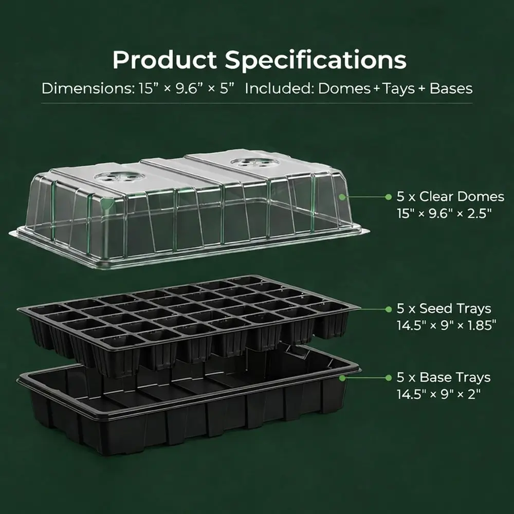 5-Set Seed Starter Kits with Vented Domes and Bases, Durable Plant Germination Trays for Indoor Gardening and Greenhouse (200 Ce