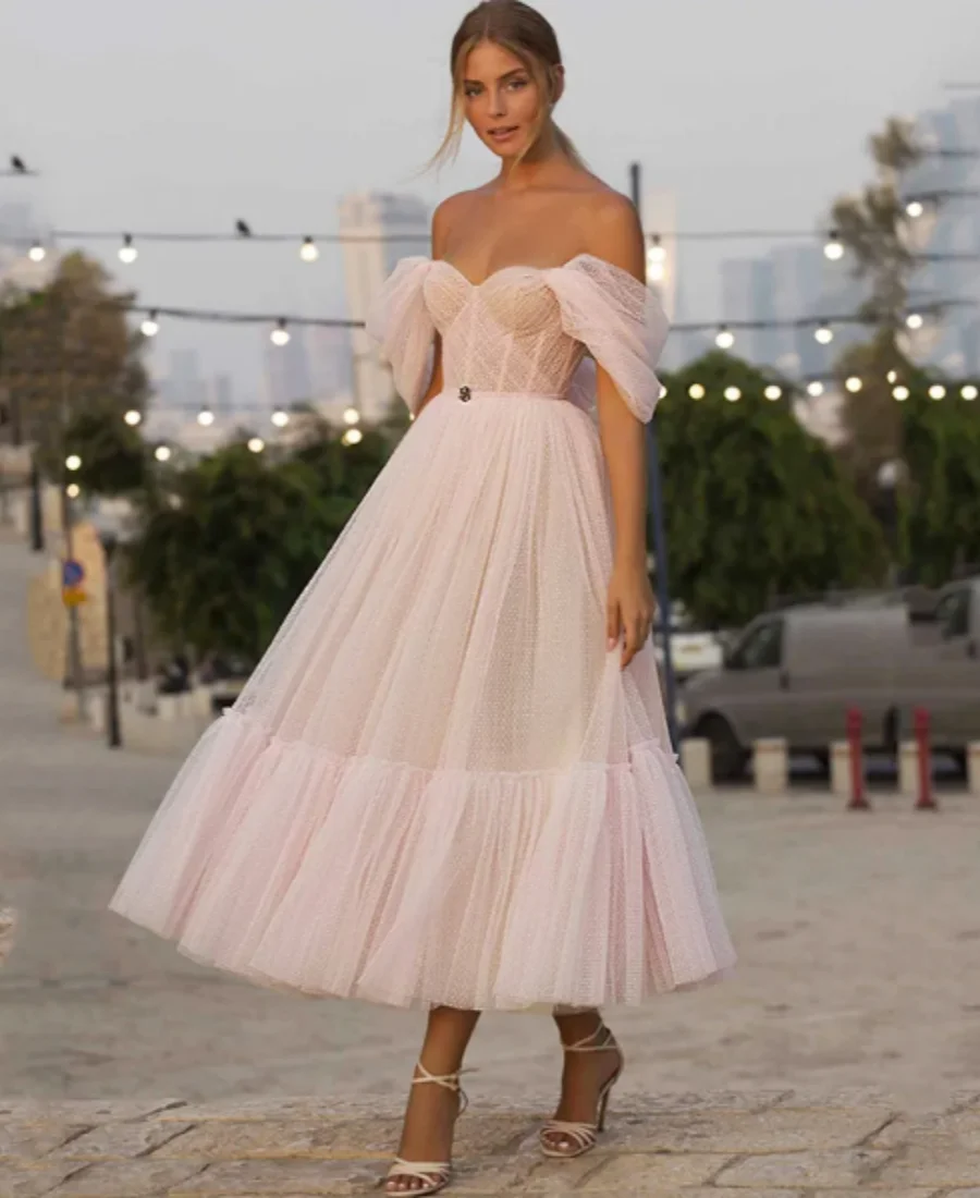 

Modest Short Prom Dresses 2024 Off Shoulder Dots Tulle Princess Homecoming Dress Pink Evening Formal Party Gowns Abendkleider