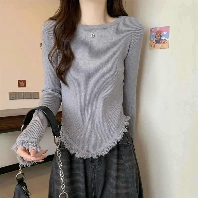 Autumn and Winter Sense of Design Round Neck Tassel Irregularity Long Sleeve T-shirt Female Slim Cut  Western Style Short Style