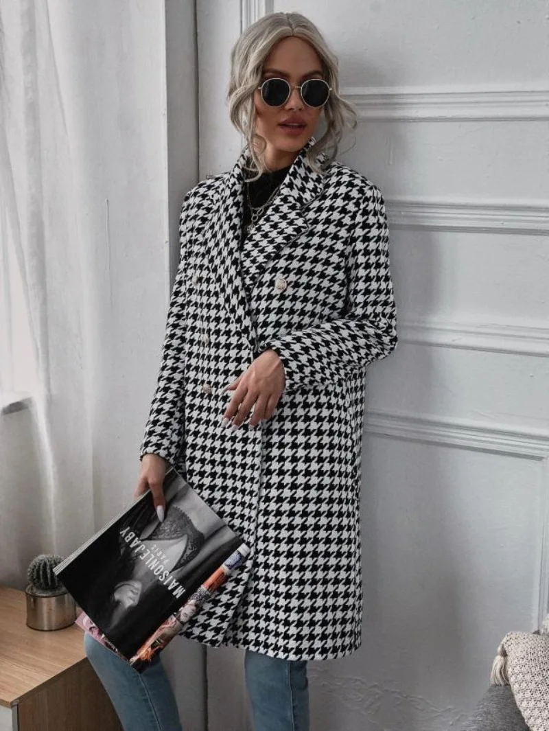 Women\'s Clothing Autumn and Winter New Fashion Commuter Houndstooth Print Long Woolen OverCoats