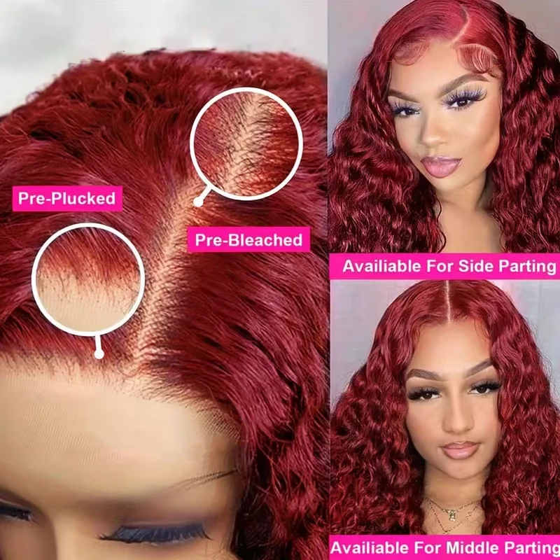 بورجوندي 99J مجعد 13x6 Hd الدانتيل الباروكة الأمامية شعر الإنسان 220% الكثافة 30 36 بوصة 13x4 المياه موجة عميقة شعر مستعار أحمر اللون للنساء #4