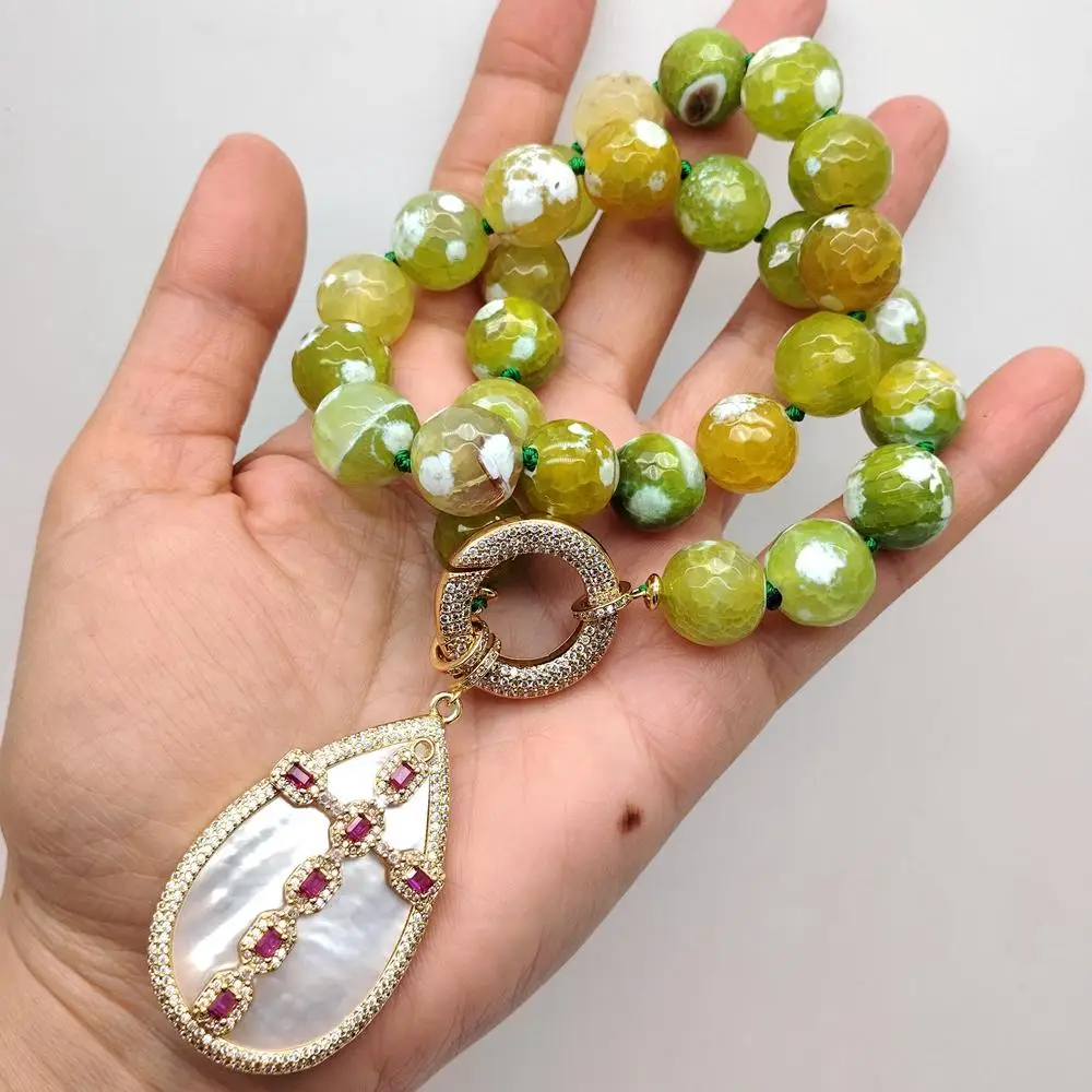 YYGEM whiteteardrop sea shell shape fuchsia cz pave cross pendant 14MM green agate faceted round necklace