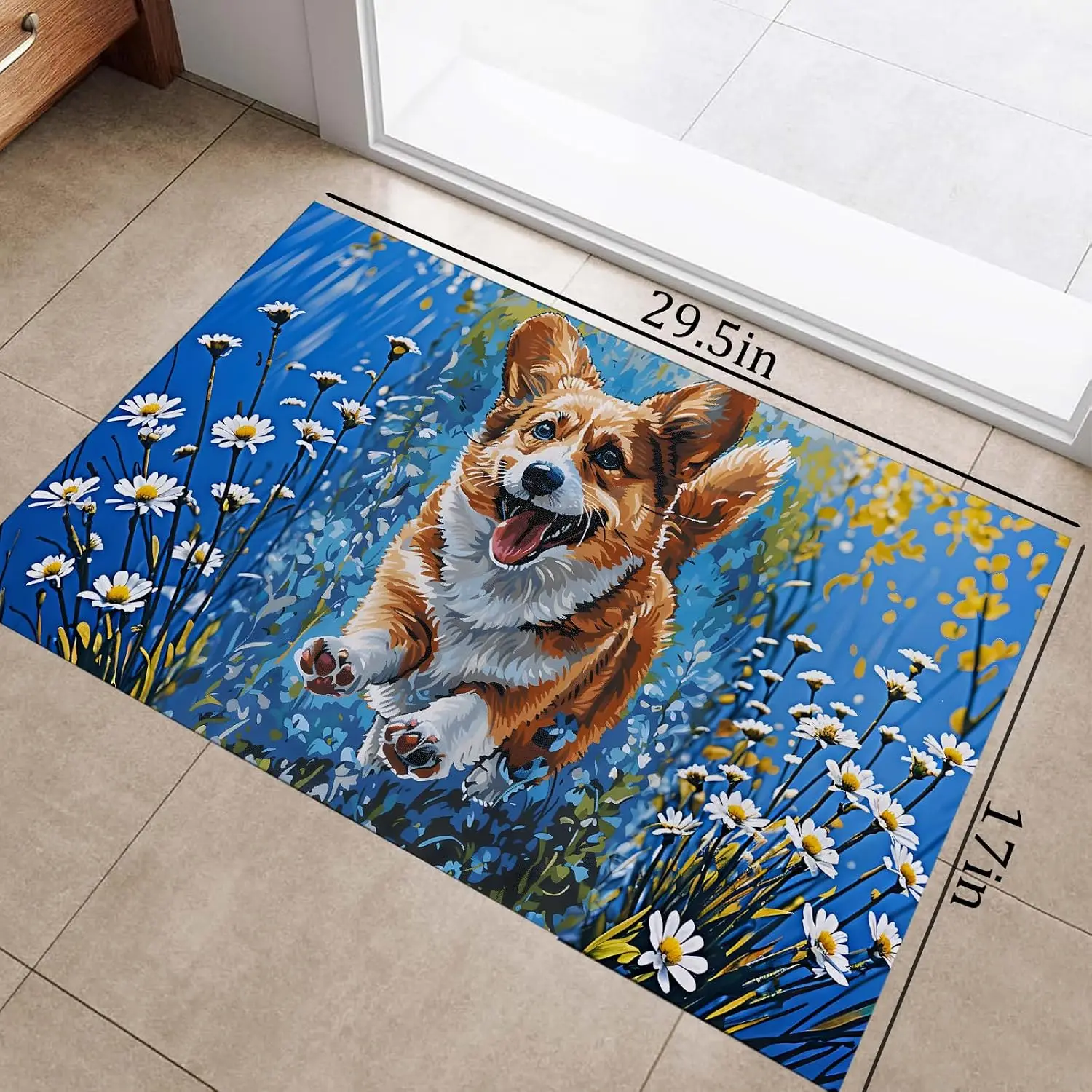 Cute Dog Floral Spring Daisies Doormat Polyester Floor Mat for Pet Lover Entryway Rug Porch Decor Puppy Gift Indoor Outdoor Mat