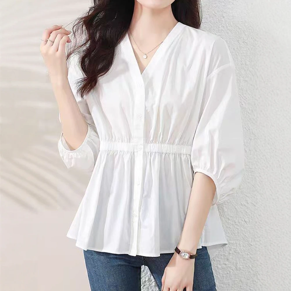 

Женская однотонная осенняя рубашка с v-образным вырезом, однобортный повседневный базовый топ с рукавами-фонариками