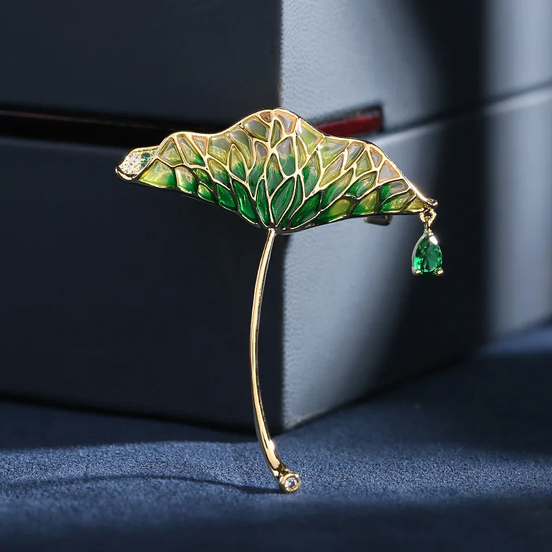 

Elegant Cheongsam Dress Accessories Rain Lotus Brooch Zircon Oil Drop Chinese Style Graceful Temperament Water Drop Lotus Leaf B
