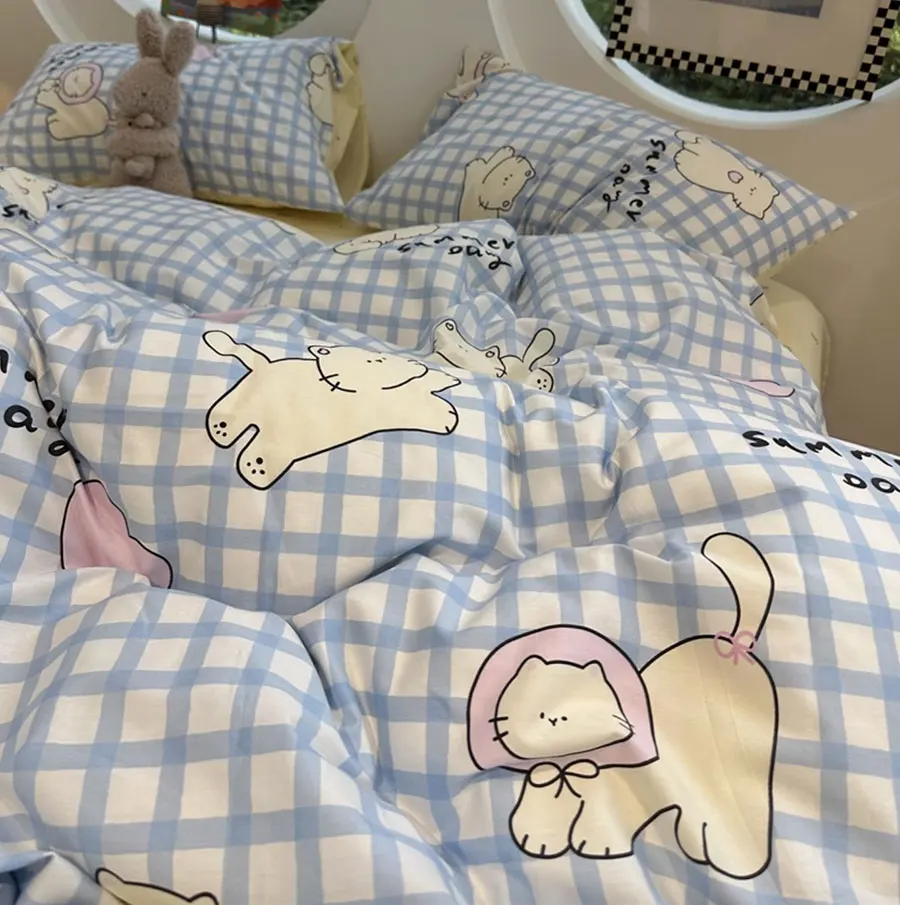 Cute cat blue plaid bedding set single double teen,twin full queen lovely cotton home textile bed sheet pillow case quilt cover