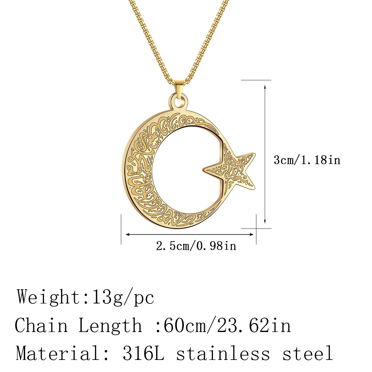 Kinitial Stainless Steel Crescent Moon Star Pendant Necklace Men Women Lover's Long Chain Jewelry Gift