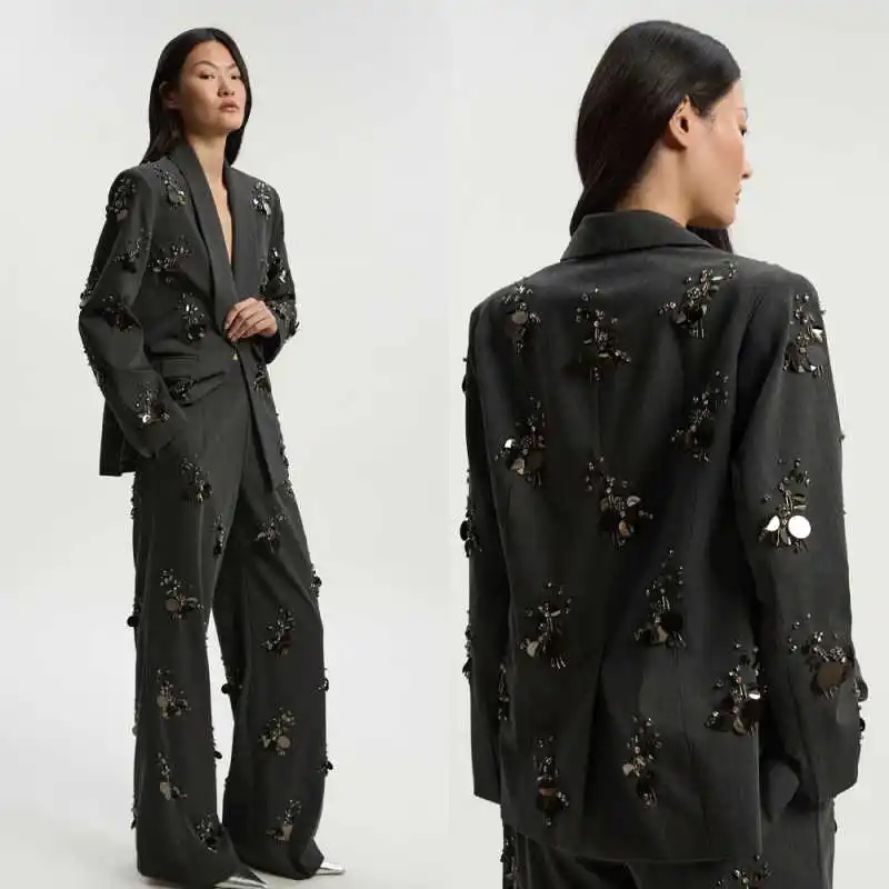 Chic Women Suits 2 Piece Blazer Pants One Button Sequins Crystal Flowers Banquet Party Occasion Customized