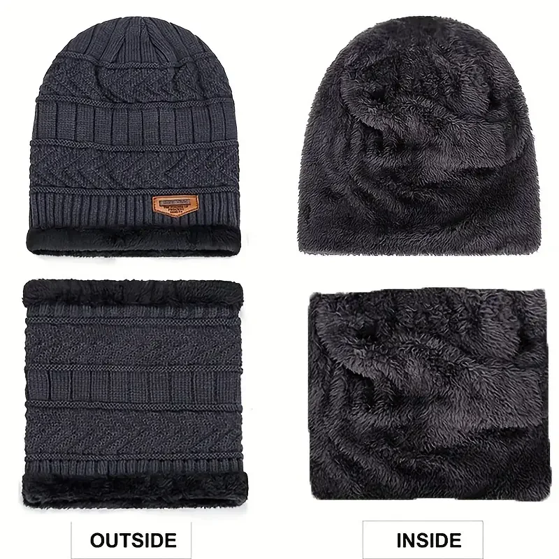 1Set Warm & Soft Winter Fleece-lined Knitted Hat, Scarves And Touch Screen Gloves 3-Piece Set ,Perfect Ear & Neck Warmer