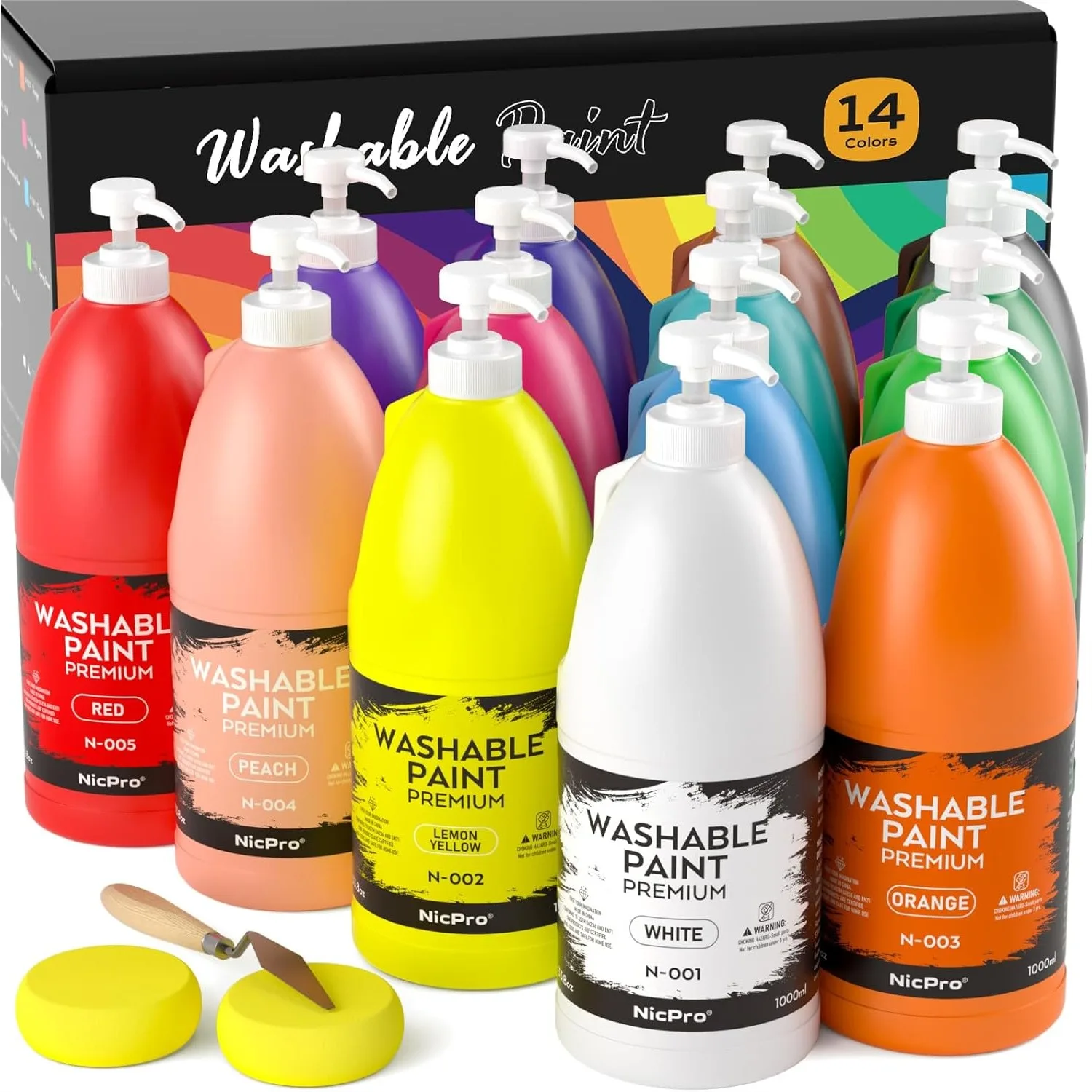 

Large Washable Tempera Paint Set 14 Colors (33.8 oz Each) Non Toxic Bulk Art Supplies for Kids Classroom Crafts