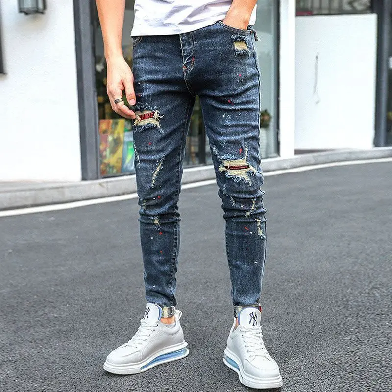 Fashion 2025 Men's Korean Stretch Slim Distressed Jeans Casual Spring Autumn High Quality Trendy Skinny Beggar Ripped Hole Pants